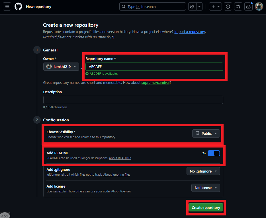 圖像參考：新增儲存庫頁面 (請務必勾選 README)