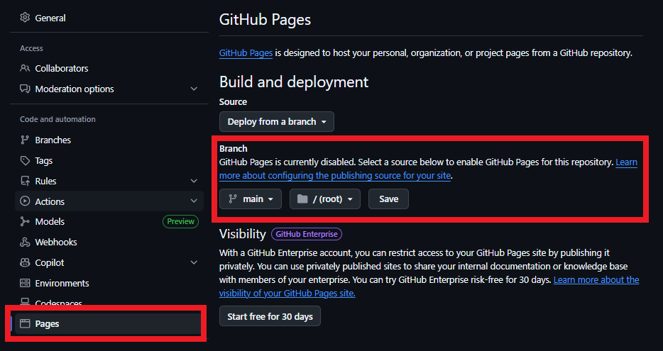 圖像參考：Pages 部署設定 (選擇 main 與 /root)